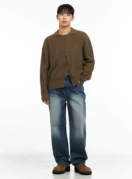 mens-waffle-knit-zip-up-cardigan-im511 / Brown