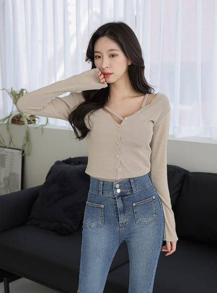 V-neck Button Down Cropped Cardigan IA11