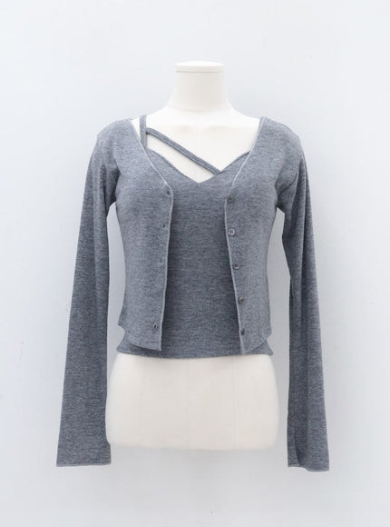 V-neck Button Down Cropped Cardigan IA11