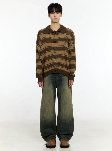 Men's Striped Distressed Collared Cardigan IN503
