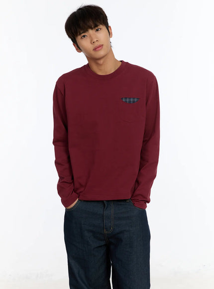 mens-long-sleeve-tee-with-plaid-pocket-im530 / Dark red