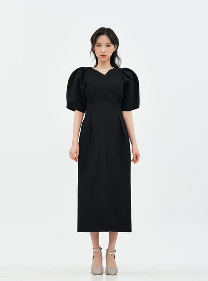 Puff Shoulder Wedding Party Midi Dress IA13