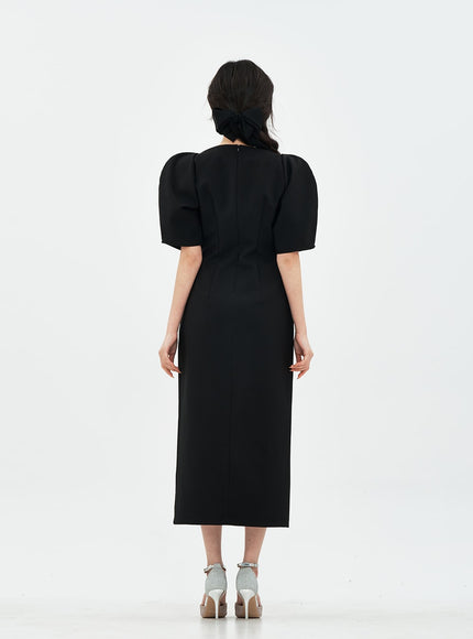 Puff Shoulder Wedding Party Midi Dress IA13
