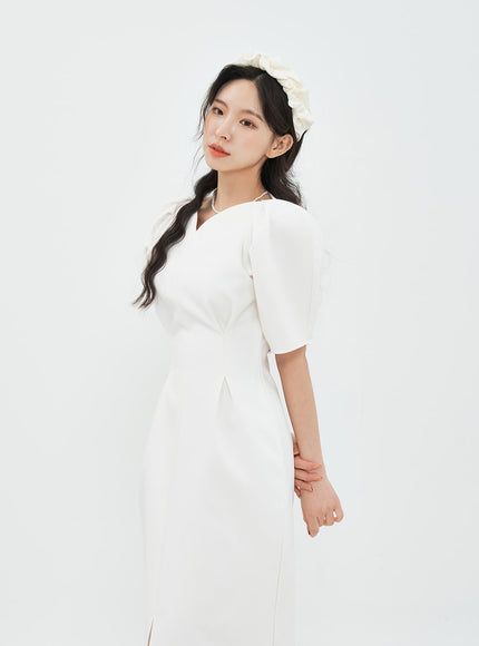 Puff Shoulder Wedding Party Midi Dress IA13