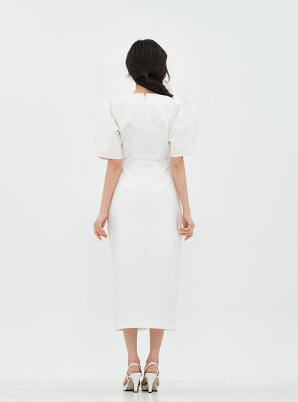Puff Shoulder Wedding Party Midi Dress IA13