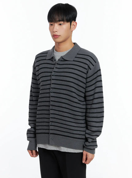 Men's Stripe Knit Collared Cardigan IN518
