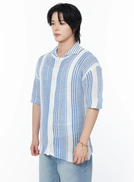 mens-striped-short-sleeve-knit-cardigan-iy525