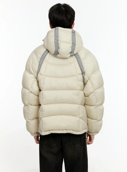 Men's Color Block Puffer Jacket (Light Beige) IO531