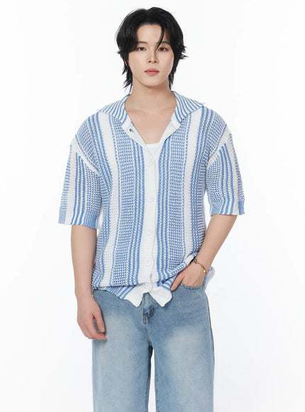 mens-striped-short-sleeve-knit-cardigan-iy525 / Blue