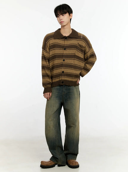 Men's Striped Distressed Collared Cardigan IN503