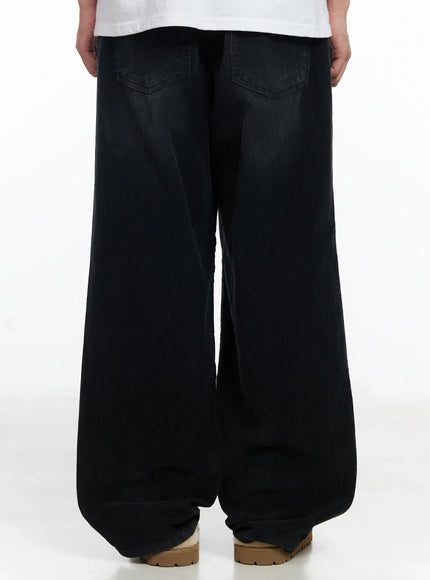 Men's Black Washed Wide Corduroy Pants IJ521