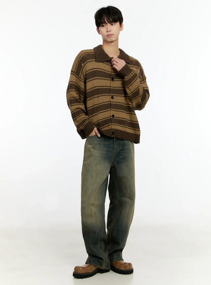 Men's Striped Distressed Collared Cardigan IN503