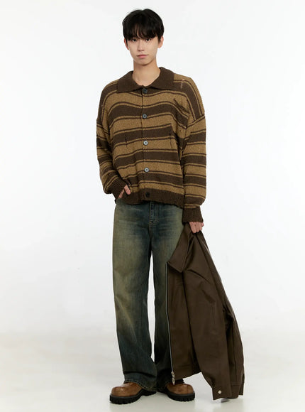 Men's Striped Distressed Collared Cardigan IN503