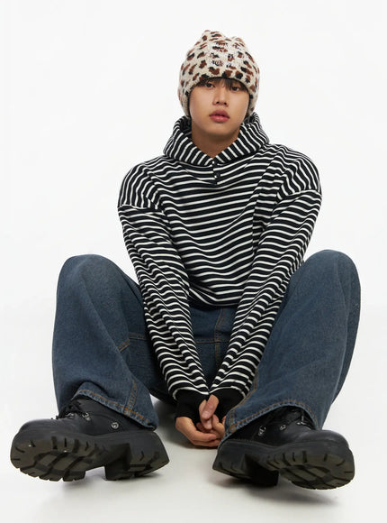mens-striped-button-neck-hoodie-if503 / Black