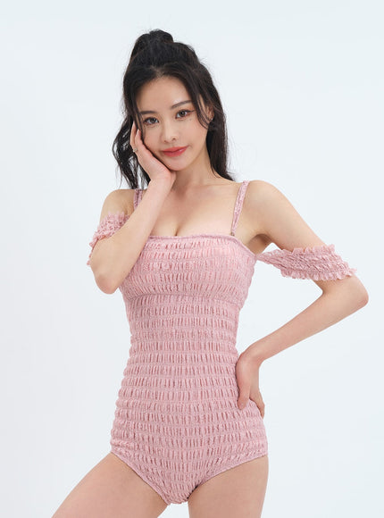Off the Shoulder Shirring Detail One Piece Swimsuit