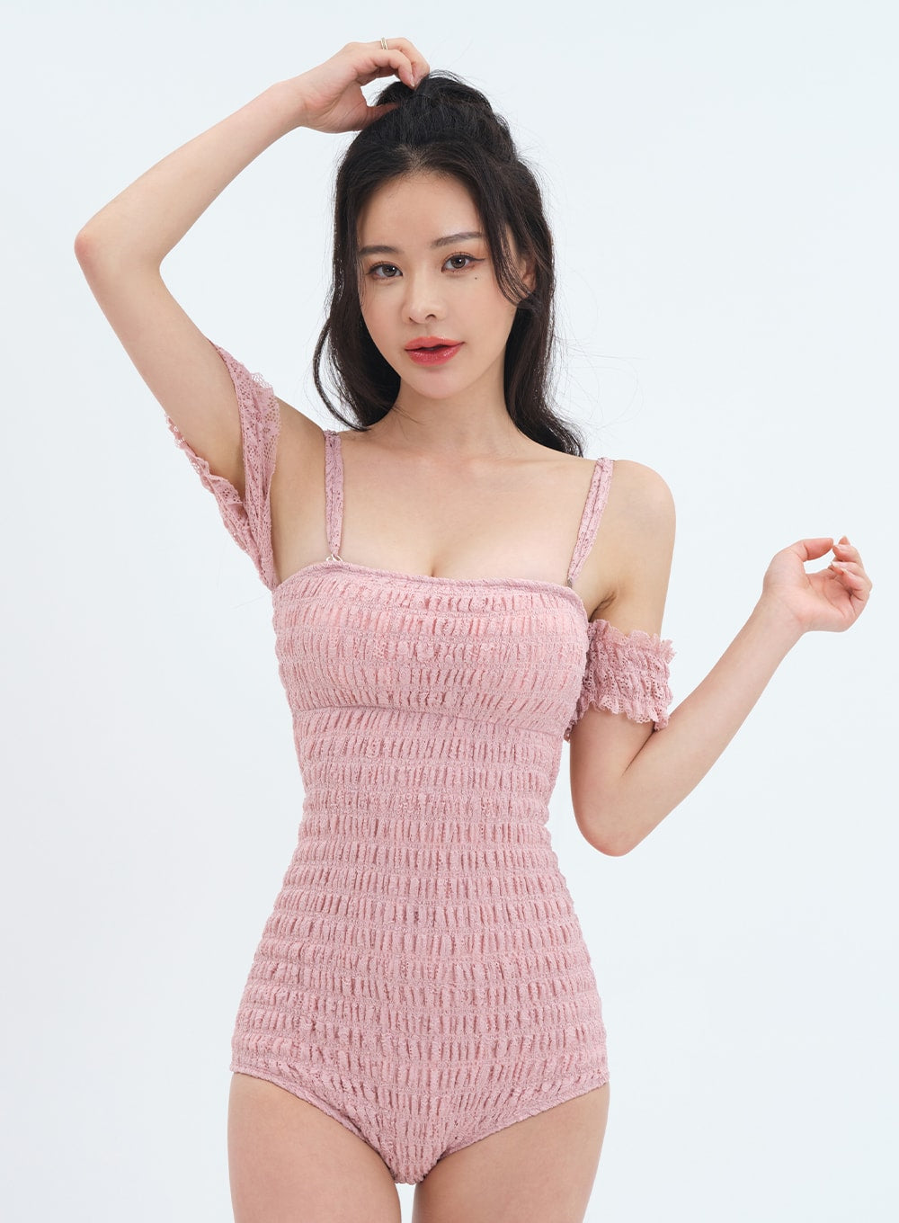 Off the Shoulder Shirring Detail One Piece Swimsuit
