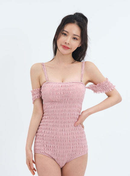 Off the Shoulder Shirring Detail One Piece Swimsuit