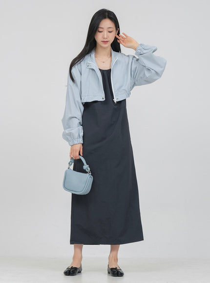 Round Neck Shirring Nylon Maxi Dress OA14