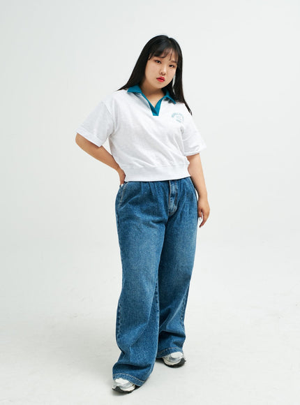 Plus Pintuck Wide Leg Denim Pants IY24