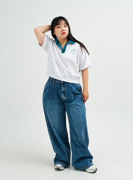 Plus Pintuck Wide Leg Denim Pants IY24
