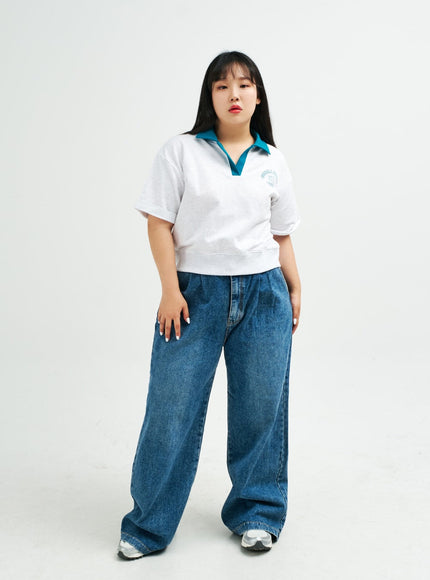 Plus Pintuck Wide Leg Denim Pants IY24