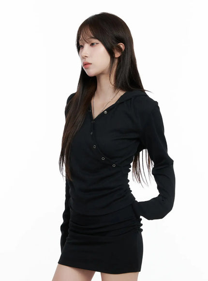 snap-button-long-sleeve-hooded-top-cs530 / Black