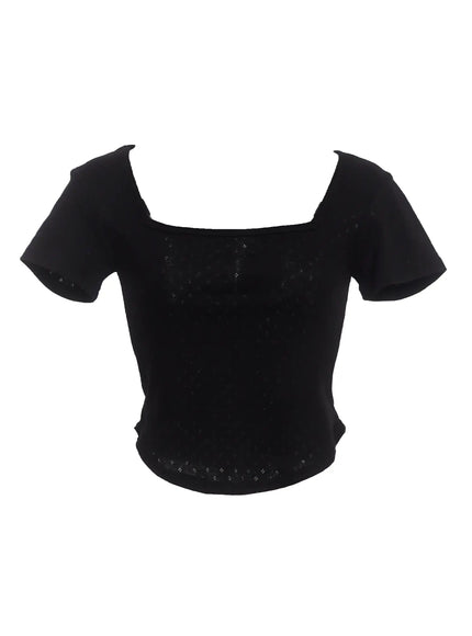 punched-square-neck-short-sleeve-tee-ic503 / Black