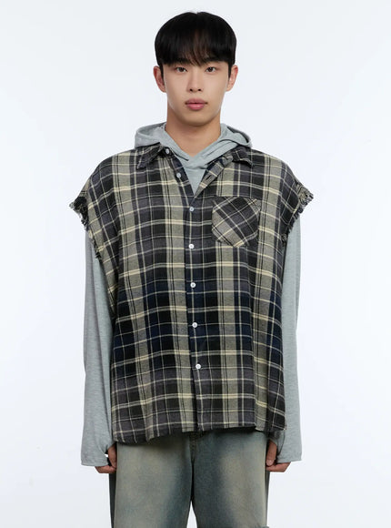 mens-distressed-plaid-shirt-vest-il517 / Dark blue