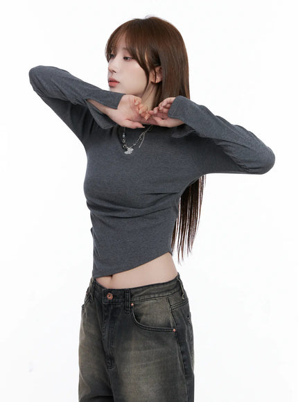 asymmetric-hem-long-sleeve-top-cg529 / Dark gray