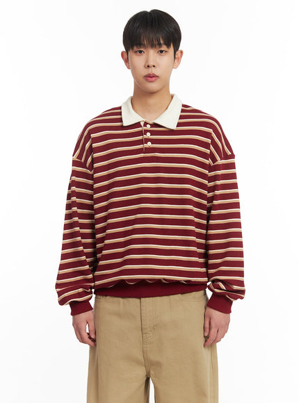 mens-striped-collared-sweatshirt-im514 / Dark red