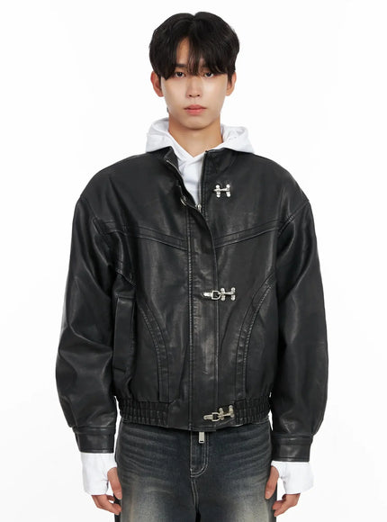 Men's Faux Leather Toggle Buckle Jacket IO516