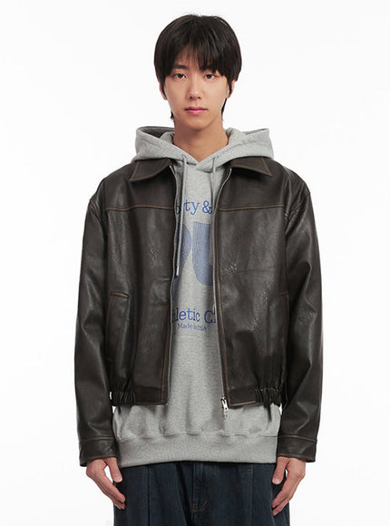 Men's Vintage Faux-Leather Collared Jacket IA510