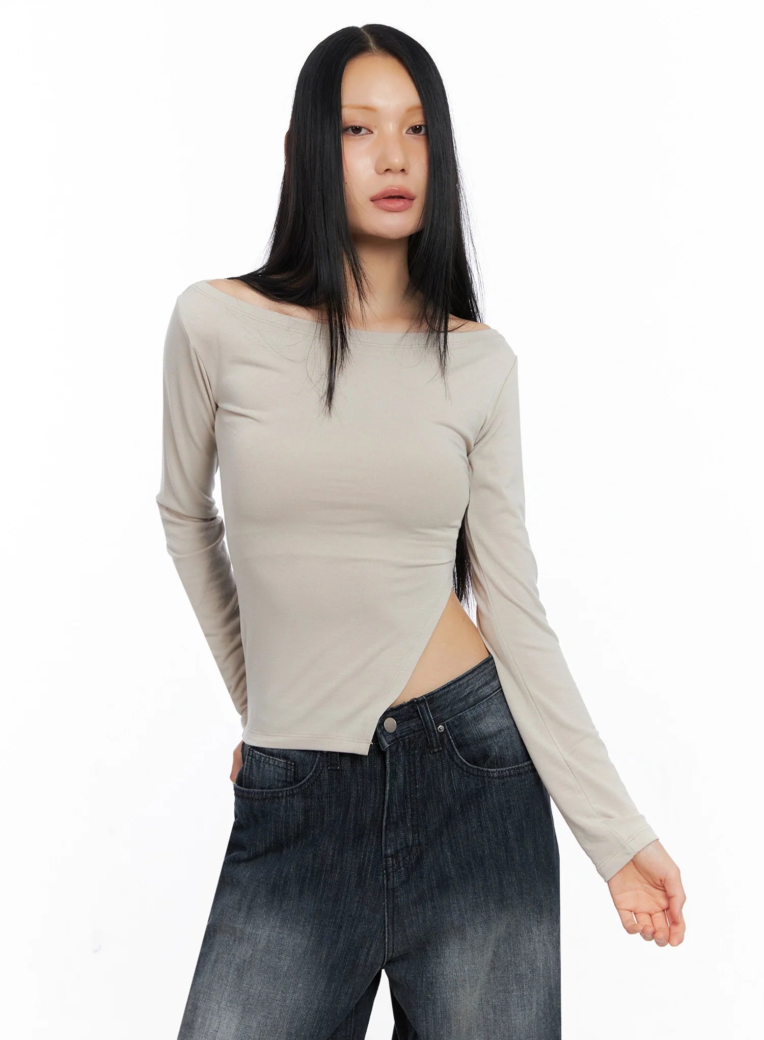 asymmetric-side-slit-off-shoulder-top-co517 / Beige