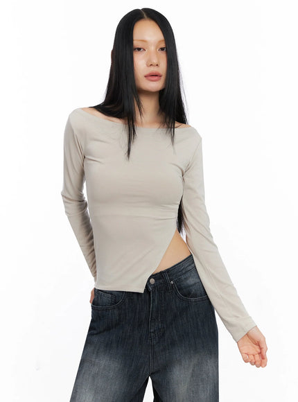 asymmetric-side-slit-off-shoulder-top-co517 / Beige