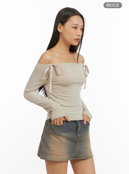 ribbon-off-shoulder-top-io409 / Beige