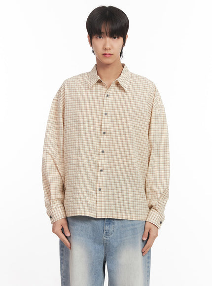 mens-loose-fit-checkered-collared-shirt-ia510 / Beige
