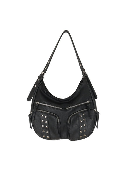 stud-pocket-faux-leather-shoulder-bag-iy502 / Black