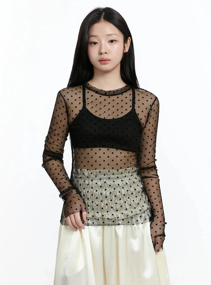 sheer-polka-dot-long-sleeve-top-im519 / Black