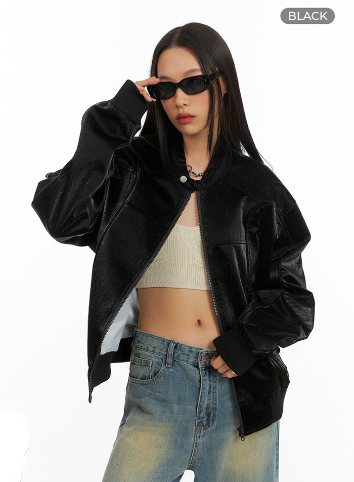color-block-faux-leather-jacket-ia417 / Black