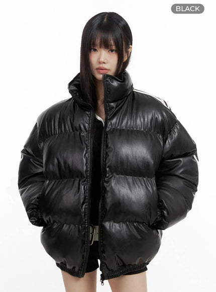 oversized-stripe-leather-padded-coat-io430 / Black