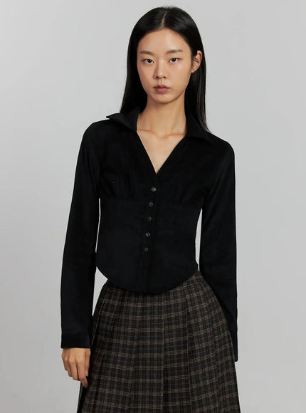 corduroy-pintuck-blouse-ij502 / Black