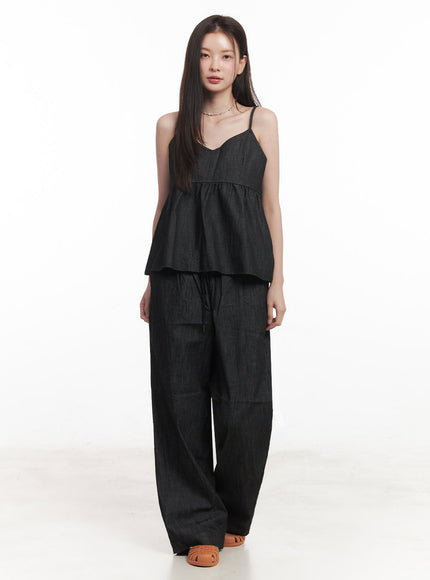 cotton-flare-v-neck-denim-cami-top-iy509 / Black