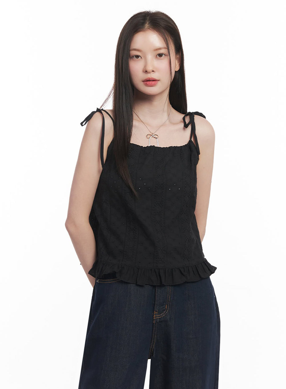 frill-lace-ribbon-cami-top-iy509 / Black