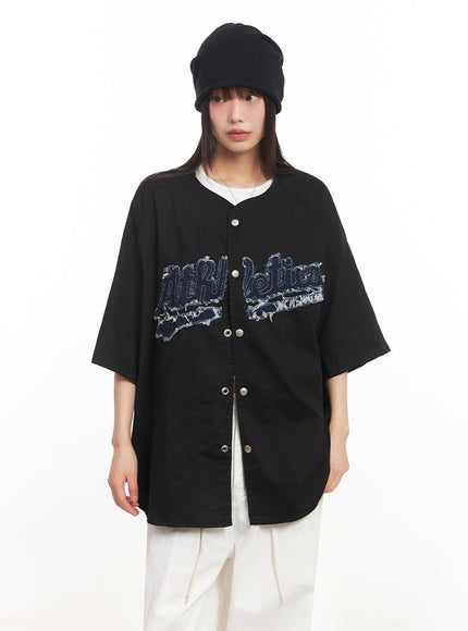 oversized-patchwork-button-up-shirt-ia528 / Black