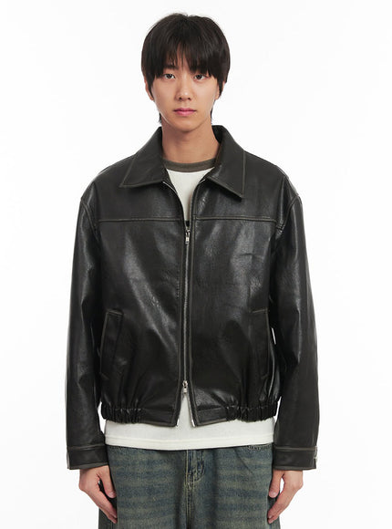 Men's Vintage Faux-Leather Collared Jacket IA510