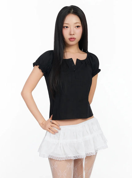 Vintage Puff Sleeve Lace Trim Blouse IA507