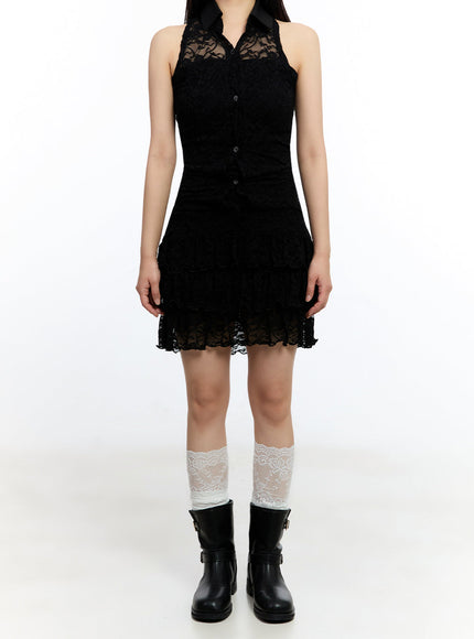 lace-ruffle-layered-button-mini-dress-iu503 / Black