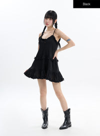 ruffle-trim-sheer-cami-dress-if413 / Black