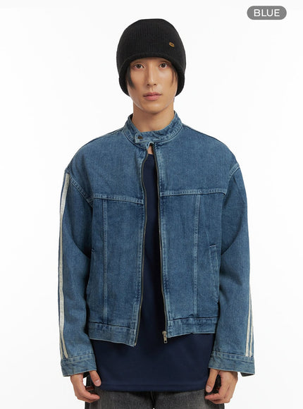 mens-striped-button-denim-jacket-io417 / Blue