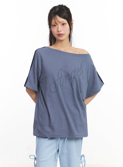 angel-stud-one-shoulder-stripe-t-shirt-iy502 / dark blue